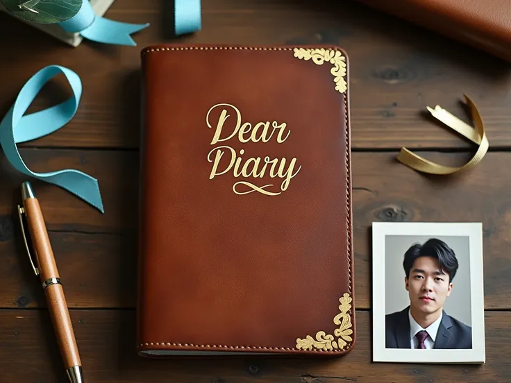 Notebook with brown leather cover and gold accents. The words Dear Diary are written in an elegant brush script font at the top center. A small sky blue ribbon is attached to the top left corner of the notebook cover. The design is simple, warm and a littl...