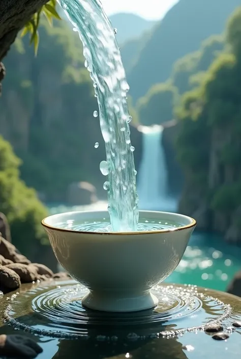 Waterfall falling water inside realistic cup 