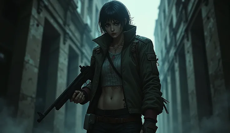  Heres the anime-style character in a dark setting, with ripped clothes, serious expression and holding a firearm 

