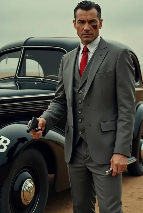 A mobster with a scar on his face on the left side wearing a gray suit and a red tie from Chapel Panama ,  in front of an old black car the letters FEB are written on the side in white letters holding a gun in one hand and a cannoli in the other.