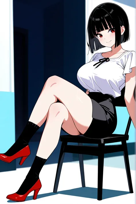 1 girl,  smiling, ((pretty face)),large breasts  ,  slim waist ,  wide hips, large butt,(fullbody view), on a chair with crossed legs,(side view),((White blouse)), (black short skirt),(black short hair),blunt bangs ,high red heels, Closed mouth , red eyes,...