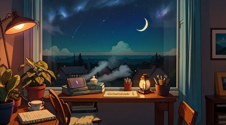 A calming and immersive LOFI music banner for a YouTube channel in Studio Ghibli style. The scene features a serene nighttime environment with a cozy desk by the window, illuminated by warm, soft light from a desk lamp. Outside the window, a breathtaking s...