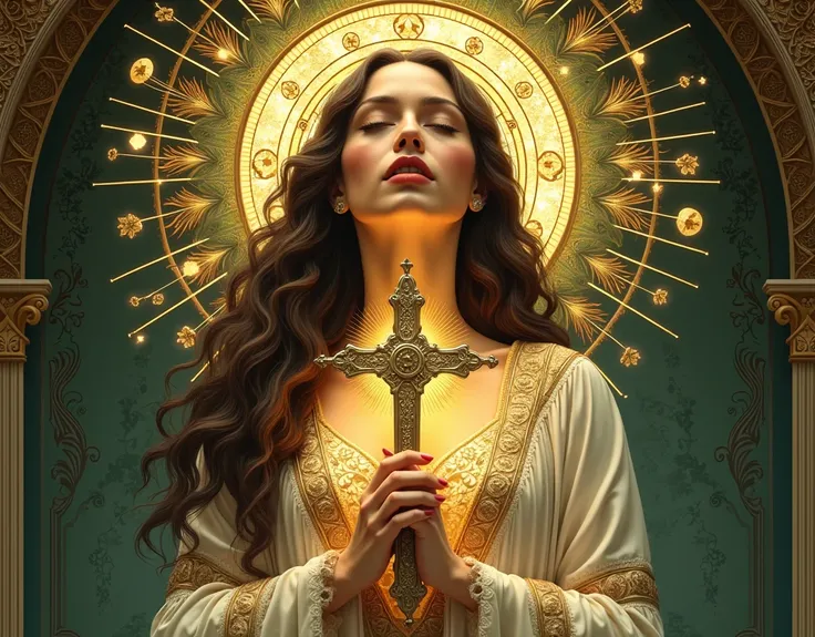 a close up of a statue of a woman holding a cross, mucha style 4k, mucha. art nouveau. gloomhaven, majestic saint woman, queen of heaven, hyperrealistic art nouveau, mucha tiffany kilian eng, priestess, maxim verehin stained glass, mary in a sanctuary, sai...