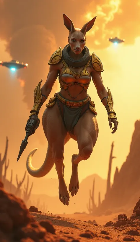 A muscular female kangaroo leaps across a scorching desert,  where enormous skis Seletons of ancient creatures emerge from the red sand .  She carries a human  in a floating capsule behind her ,  connected to her golden and frayed armor ,  that shines with...