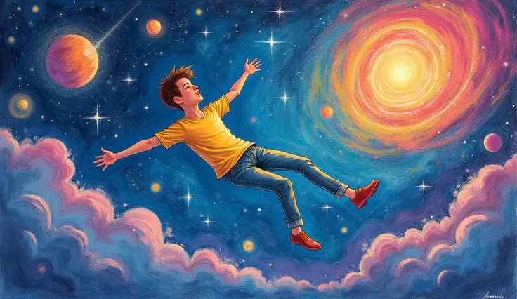 A crayon painting of a man flying in space, drawn by a 