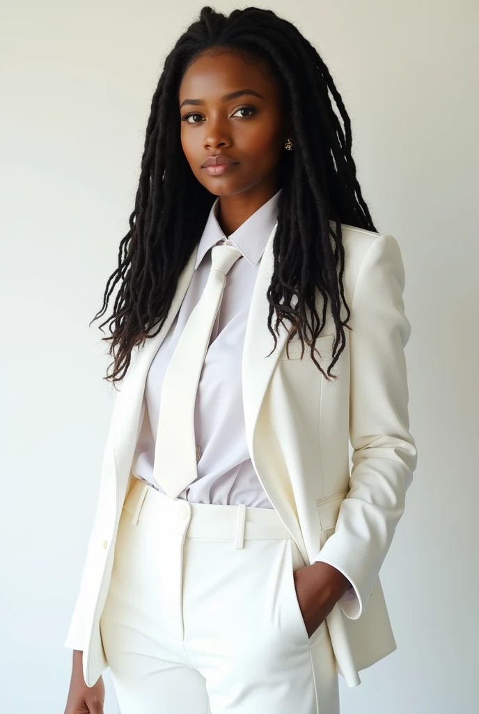 A ebony girl with (((thick dreadlocks rastafarian hair))), 19 years, wearing suit white and ((tie)) white