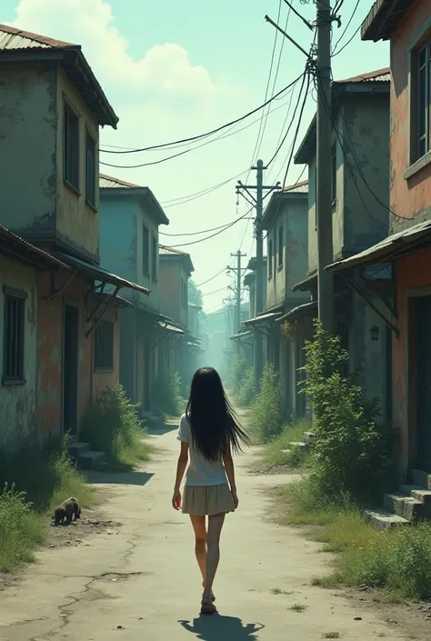 Full shot of a girl walking down a deserted street in a town.




