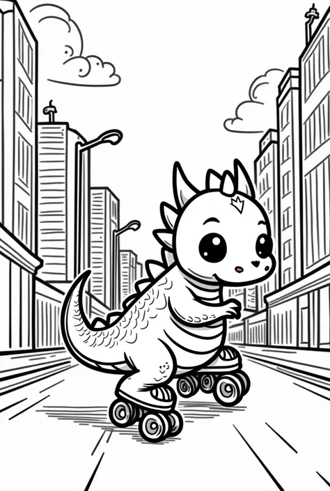 A cute dragon riding roller skates in a city only the black outline