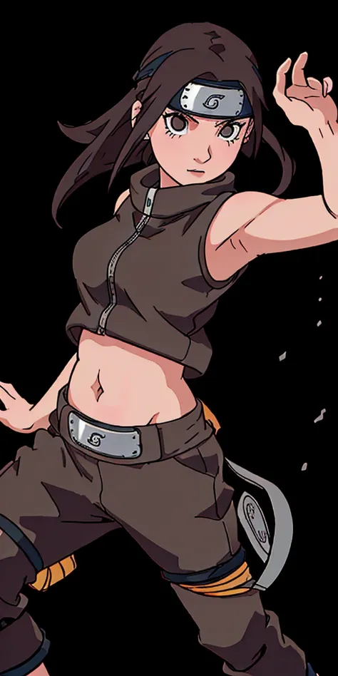 A Naruto girl with dark brown hair and black eyes in a black outfit showing her belly wearing the headband from Aldeia da Folha 