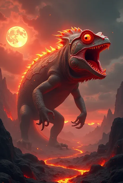  Digital fantasy artwork featuring a giant, menacing chameleon with flaming red eyes and fire cracks along its body,  resembles molten lava . the chameleon is positioned in the foreground ,  with its mouth open while growling ,  exposes its sharp teeth .  ...