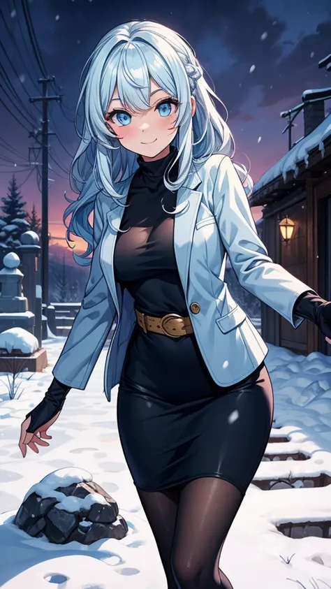 ((masterpiece, best quality:1.3, high detail)), beautiful woman looking at viewer, smile, blush, long wavy hair, (light blue hair), hairpin, bright blue eyes, dark blue, (white blazer), coat, (black midi pencil skirt), (long skirt), belt, knee boots, colla...