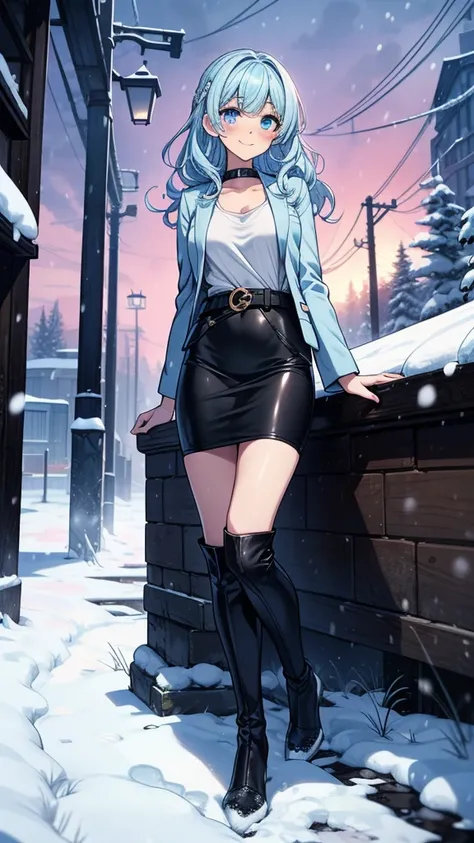 ((masterpiece, best quality:1.3, high detail)), beautiful woman looking at viewer, smile, blush, long wavy hair, (light blue hair), hairpin, bright blue eyes, dark blue, (white blazer), coat, (black midi pencil skirt), (long skirt), belt, knee boots, colla...