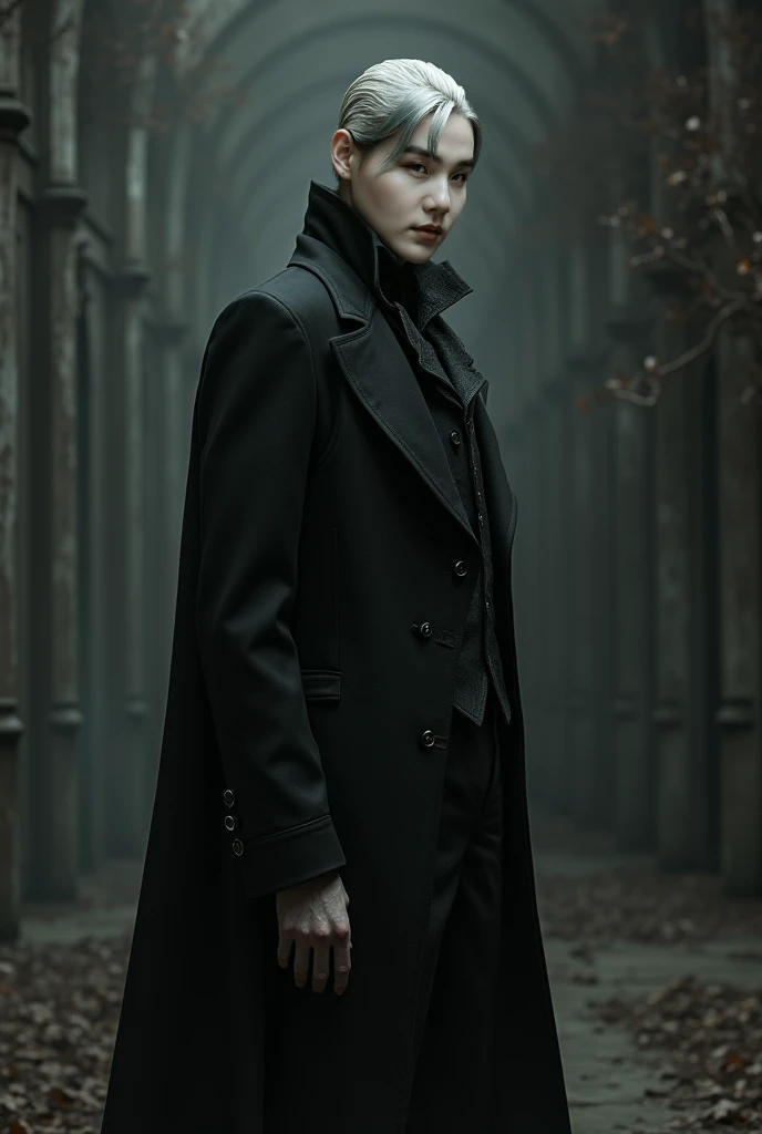  Create this man in vampire style, but without exaggeration , make him look grim ,  but not too fanciful  