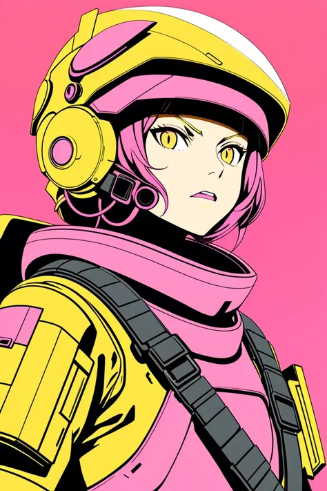 A female soldier, with an fishs mouth shaped helmet (that shows the angry face). The armor color must be yellow and pink The style is futuristic anime. The setting is clean and minimal, a sci-fi-themed background, no text or symbols. The colors are flat an...