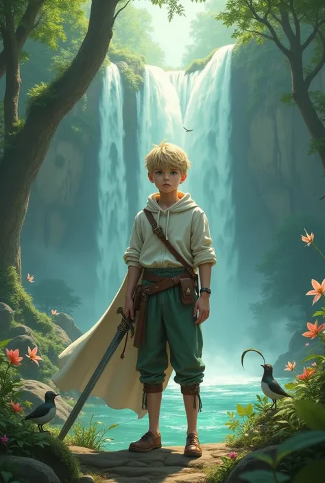 Realistic photo of impossibly cute male and impossible landscape. Tan good looking skinny cute puny looking 18yo boy with short blonde hair holding a sword. Magical Fantasy forest setting with magical creatures such as tiny fairys and sprites and a magical...