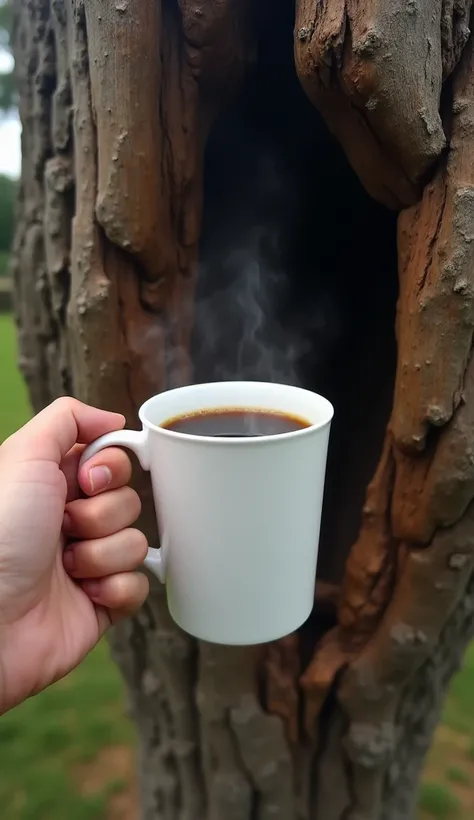  an ultra realistic photo of a hand ,  holding a cup of coffee and pouring that coffee on the trunk of a tree, Its a first-person image 