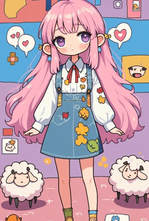 (masterpiece:1.2,  highres icon:1.3, good anatomy:1.3), 1 man,  pink fluffy long hair, Thick eyebrows:1.3, boylish Style,  sticking out her tongue , Bright Face,  sneakers,  ( pink backgroundIllustration of lots of sheep )