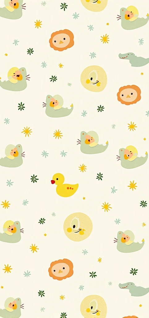 A repeating pattern of simple, like drawings on a light beige background.  Animals, including stylized ducklings, lions, and crocodiles, are depicted in a variety of pastel colors, such as yellow, green, orange, and light blue.  Small flowers and buzzing b...