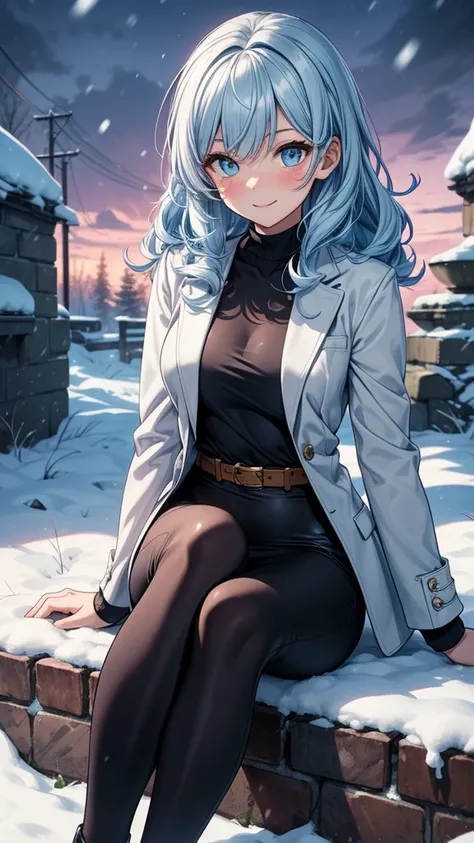 ((masterpiece, best quality:1.3, high detail)), beautiful woman looking at viewer, smile, blush, long wavy hair, (light blue hair), hairpin, bright blue eyes, dark blue, (white blazer), coat, (black midi pencil skirt), (long skirt), belt, knee boots, colla...