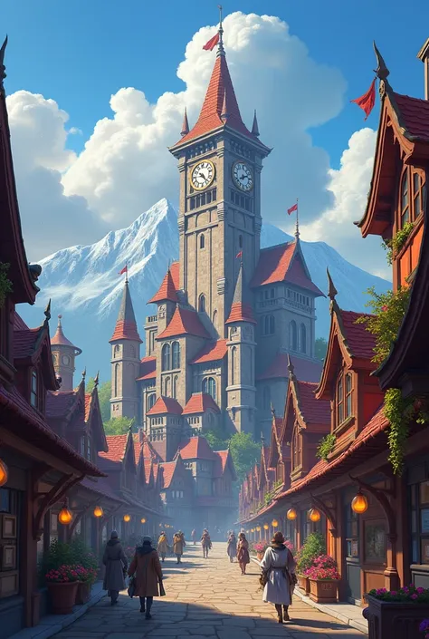 there is a large building with a clock tower in the background, in fantasy sci - fi city, a bustling magical town, fantasyconcept art, colorful warcraft architecture, detailed 4k concept art, blizzard game concept art, ornate borders + concept art, riot ga...