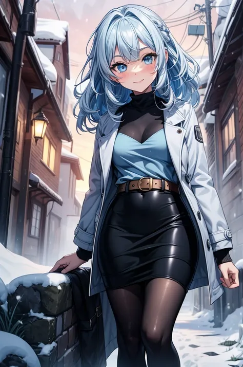 ((masterpiece, best quality:1.3, high detail)), beautiful woman looking at viewer, smile, blush, long wavy hair, (light blue hair), hairpin, bright blue eyes, dark blue, (white coat), (black midi pencil skirt), (long skirt), belt, knee boots, collarbone, (...