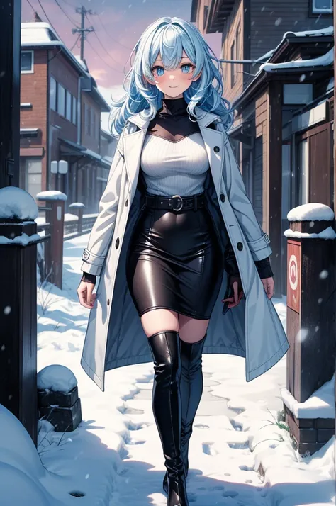 ((masterpiece, best quality:1.3, high detail)), beautiful woman looking at viewer, smile, blush, long wavy hair, (light blue hair), hairpin, bright blue eyes, dark blue, (white coat), (black midi pencil skirt), (long skirt), belt, knee boots, collarbone, (...