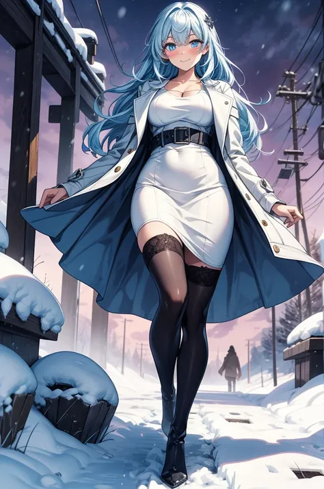 ((masterpiece, best quality:1.3, high detail)), beautiful woman looking at viewer, smile, blush, long wavy hair, (light blue hair), hairpin, bright blue eyes, dark blue, (white coat), (black midi pencil skirt), (long skirt), belt, knee boots, collarbone, (...