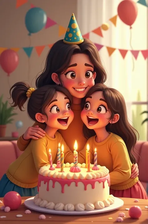 Make an image of a mother with two young daughters celebrating their birthday in 2D