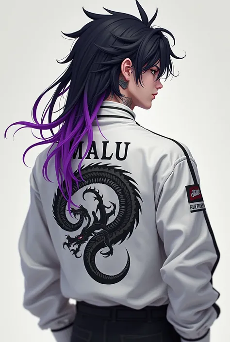 Make a boy with long black hair with purple locks with a dragon neck tattoo wearing a white gang uniform with the name Malu written on the back