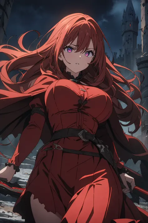 ((((masterpiece)))), ((((Best Quality)))), (anime coloring) ,4k,8k,High resolution,dark,night,Abandoned castle,whole body,fine grain,Detailed face,vampire,red,Red Cape,Red dress,Red long skirt,Curvy,action、so beautiful、Beautiful Skin、Beautiful and detailed...