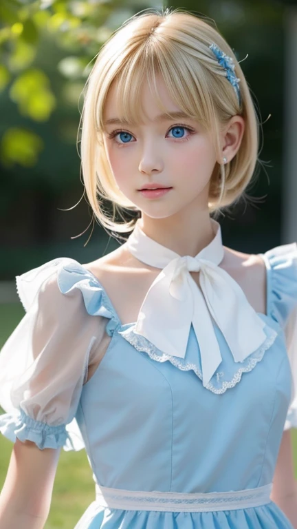 絶世の凄く綺麗なプラチナBlonde美少女、( super detailed ),  light blue,(ruffle dress),(Short sleeve), upper body、 closeup 、Baby Face、Cute expression、,front, ,  teenage girl,No tail,(No tail),2D, masterpiece,  top quality , And soul, Detailed Eyes, Big ice blue eyes that sh...