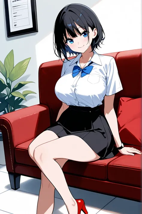 1 girl,  smiling, ((pretty face)),large breasts, slim waist ,  wide hips, large butt,(fullbody view),on a couch relaxing in a office, school girl uniform, (short black hair),(white blouse),(black skirt) ,red high heels, Closed mouth ,blue eyes,