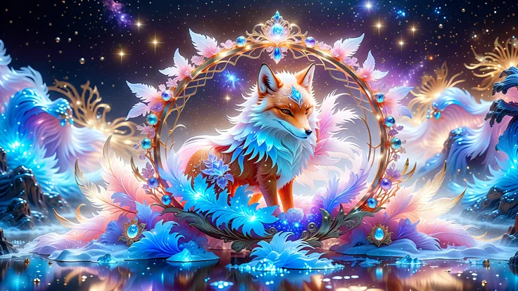 Generate A Fox, Mystical Animal In The Style Of Fantasy And Celestial Art. The Animal Should Be Mesmerizingly Beautiful, Featuring Elegant Fur With Delicate Feathers, Silk-Like Textures, And Lustrous Satin Elements. Add A Soft, Iridescent Glow That Shifts ...