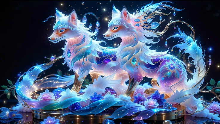 Generate A Fox, Mystical Animal In The Style Of Fantasy And Celestial Art. The Animal Should Be Mesmerizingly Beautiful, Featuring Elegant Fur With Delicate Feathers, Silk-Like Textures, And Lustrous Satin Elements. Add A Soft, Iridescent Glow That Shifts ...