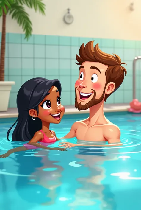 Create cartoon illustration of a white-skinned adult male swimming teacher with his student  girl mulatto skin long black hair together they are learning to swim in a pool