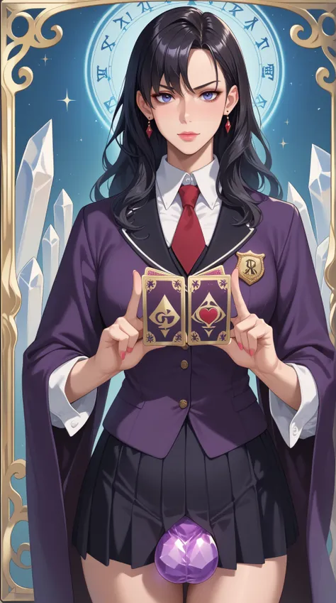 Young woman,Saeki Kaori, classmate, occult enthusiast, mysterious, black magic, fortune teller, long black hair, fashionable and unique, dark attire, mysterious atmosphere, magical props (e.g., tarot cards, crystal balls), ritualistic vibe, confident expre...