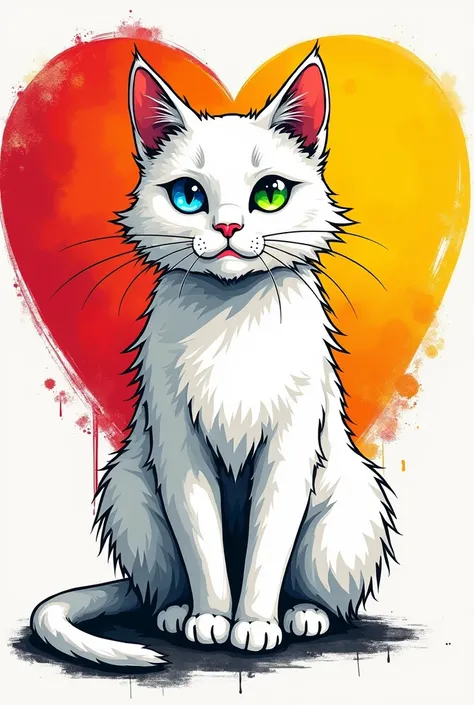 Grafitti a white cat with one eye blue and the other green with a heart in the background in scale from red to yellow on a white background 