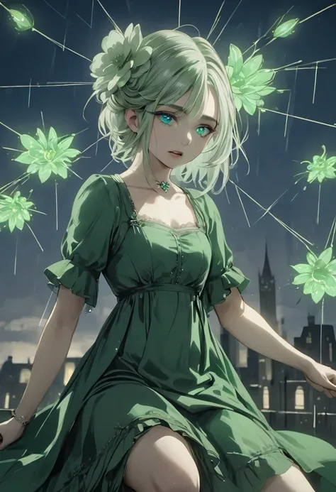 ((Flower style)), (),  Women in green dresses in the 1920s，twin,White hair,stocking,rain,Night City，Light Particles, Light,  victorian , (best illustration),  photo actual , Octane Rendering, 8K,  neon lights ,  very long hair,   blue eyes , ( sharp eyelin...