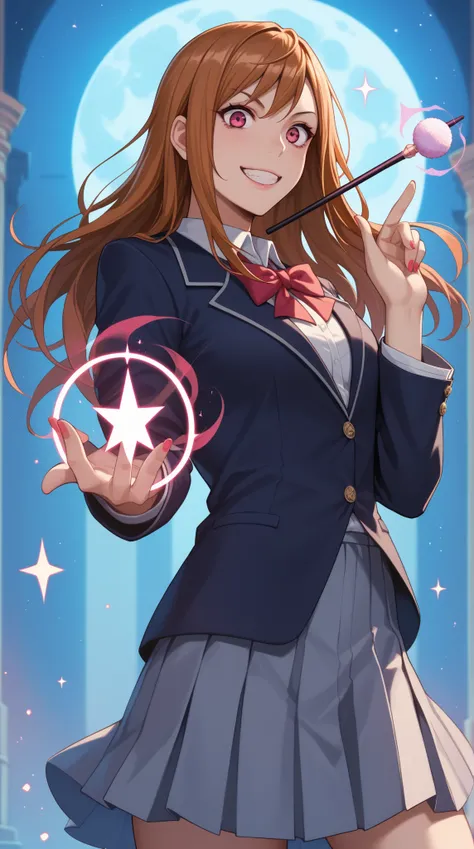 Young woman, Kurimoto Maki, member of occult club, mysterious, black magic, long hair, dark-colored hair, unique personality, eerie atmosphere, magical props (e.g., magic wand, scrolls), mysterious gaze, smile with a touch of mischief, high school uniform,...