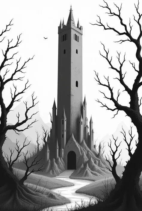 " A tall tower with small windows, surrounded by thorns and trees . BLACK AND WHITE ART, Style , simple lines, ideal for coloring."