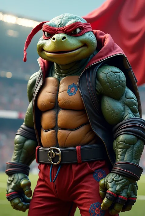 Evil Turtle hooligan wearing red and black sportswear with red and blue flag