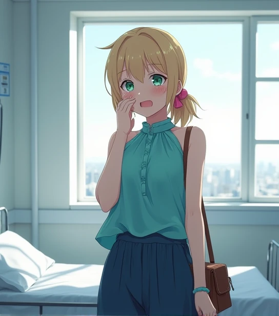 An 18 year old anime style lady, To Love Ru,  soft lighting , Standing next to the end of a patients stretcher  ( you can only see his feet covered by the blanket ),  you are inside a medium-sized room on the fifth floor of a white hospital with white wall...