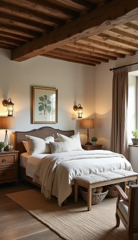 Rustic Farmhouse Bedroom: A cozy and warm bedroom with exposed wooden beams, vintage furniture, and a large, comfortable bed with soft linen. The decor includes lantern-style lighting and woven textiles for a welcoming vibe.