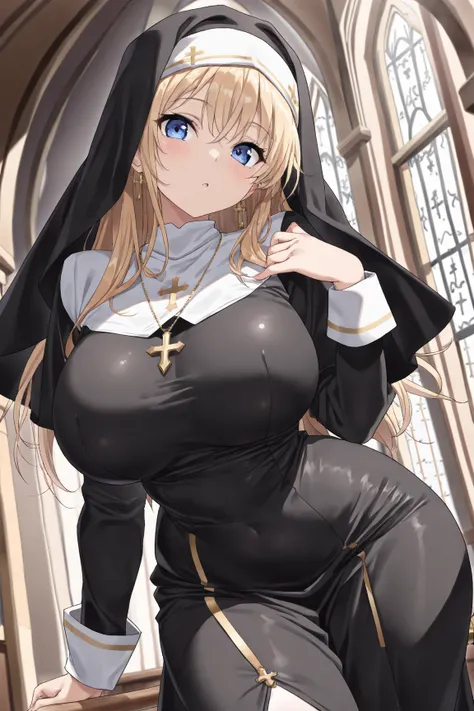 ((((masterpiece)))), ((((Best Quality)))), (anime coloring) ,4k,High resolution,whole body,fine grain,Detailed face,nun,Curvy,action、so beautiful、Beautiful Skin、Beautiful and detailed eyes,has a weapon 