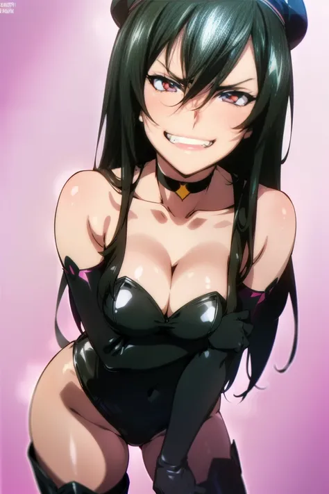 beautiful, masterpiece, ultra detailed, extremely detailed, ultra high res, 8k, beautiful detailed face, anime screencap, heart shaped face woman, (black hair:1.2), long hair, hair between eyes, large breasts, fearless face, sharp face, slant eyes, cat eye...