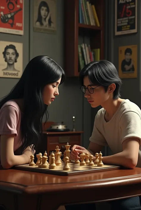 Generate a hyper-realistic 3D scene where a woman with long black hair and is wearing t-shirt is playing chess with John Lennon.