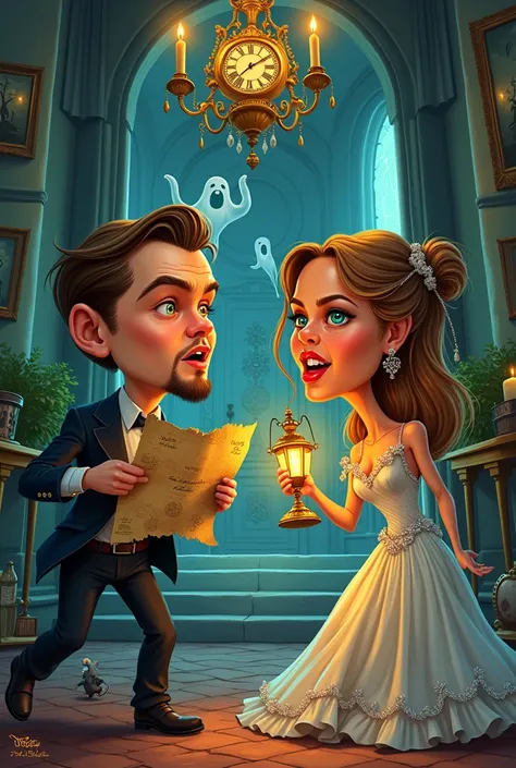 Prompt para uma caricatura de "A Fuga na haunted mansion":

 Description of the Caricature :
 A Exaggerated with Leonardo DiCaprio and Beyoncé as protagonists in a haunted mansion.  Leonardo is drawn in his traditional heartthrob style ,  but with eyes ful...