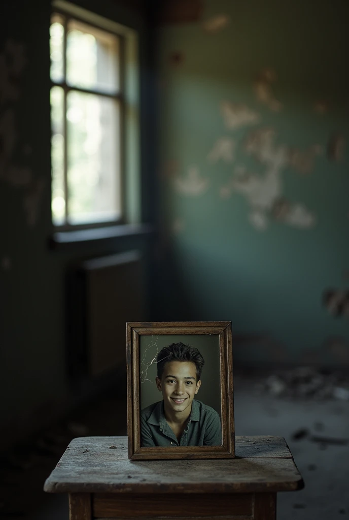 A dimly lit room with a small, worn wooden table. On the table sits an old, slightly faded photograph of a smiling young man. The photo is in a cracked frame, suggesting time and loss. The room has muted colors—grays, browns, and soft shadows—creating a so...