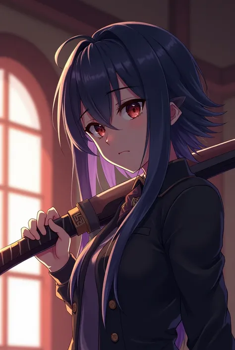 a close up of a person holding a sword in a room, ayaka genshin impact, ayaka game genshin impact, keqing from genshin impact, katana zero video game character, holding a sword on her shoulder, hinata hyuga, shalltear bloodfallen, genshin impact character,...