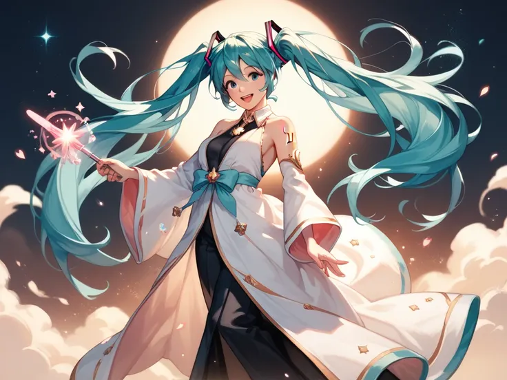  Hatsune Miku in a loose black magic robe，Standing on Earth with a glowing magic wand ， A sweet and happy smile on her face ， Her magic makes the whole world a better ， fantasy universe background ，Beautiful and lovely style of painting ， HD high resolutio...